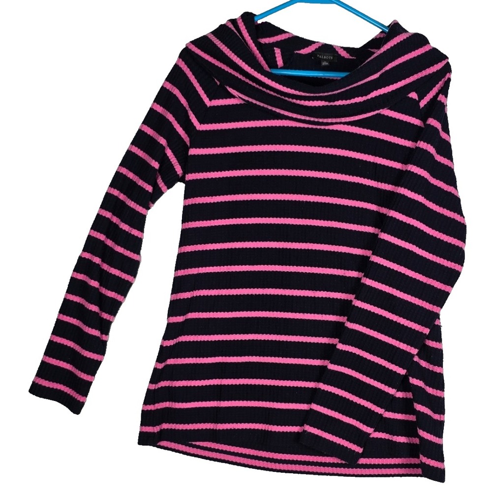 Talbots Sweater M Navy Pink Stripe Waffle Knit Cowl Neck Pullover‎ Casual Top